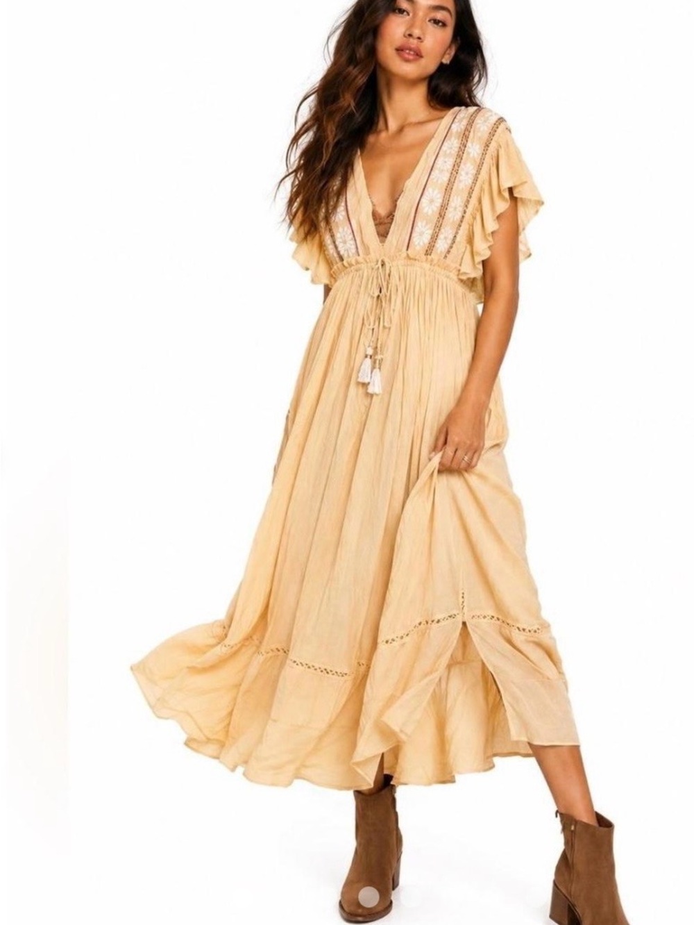 Free People embroidered Boho V-Neck Maxi Dress in Beige